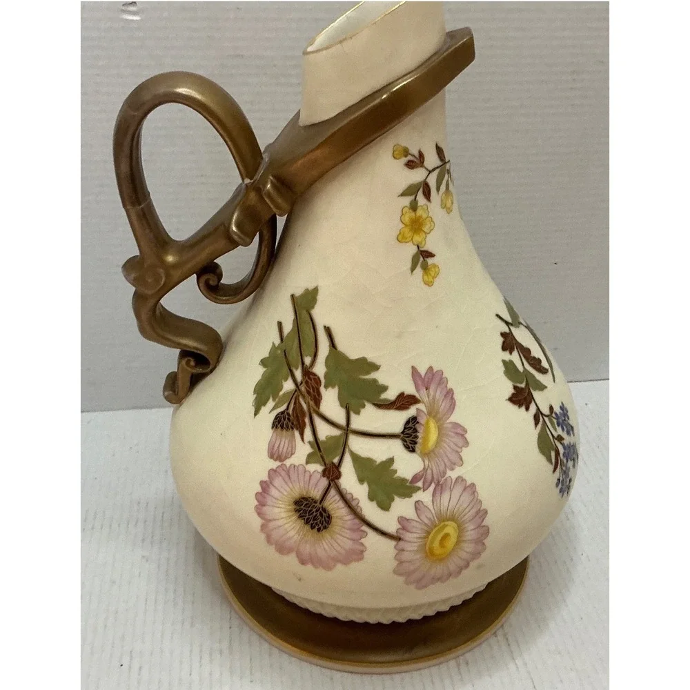Carlsbad Vintage Porcelain Pitcher Floral Gold Handle Art Nouveau Vase 12.5in